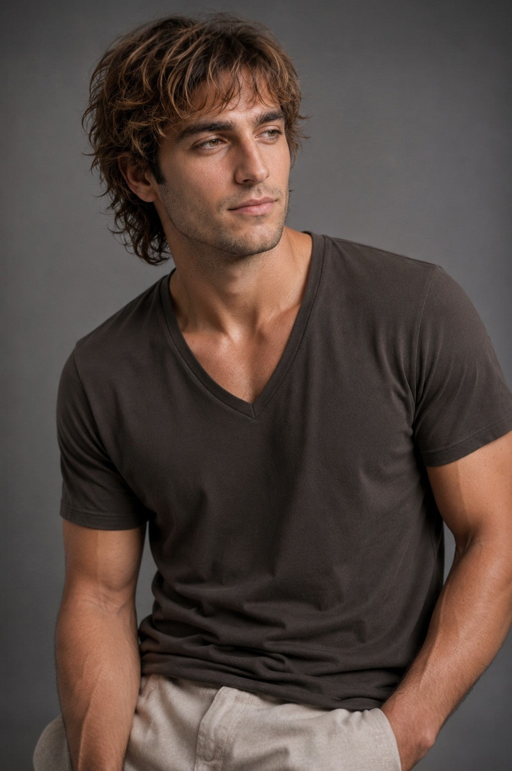 CAMISETA CUELLO EN V CHOCOLATE